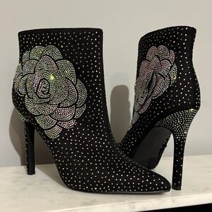 Rogue Black Heeled Boots with Rhinestone Floral Accent